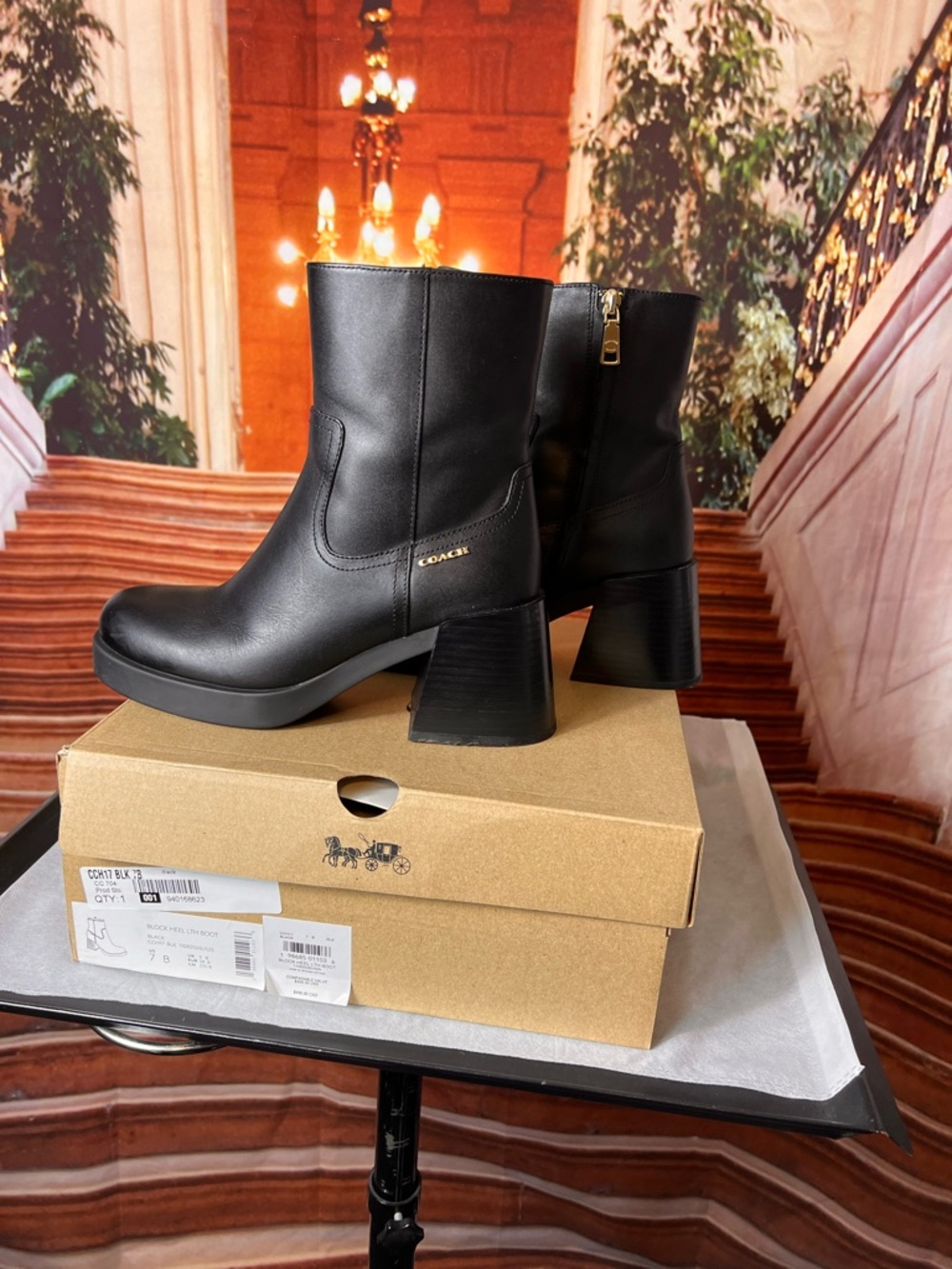 Coach Block Heel Black Leather Boots, comes with box, excellent condition